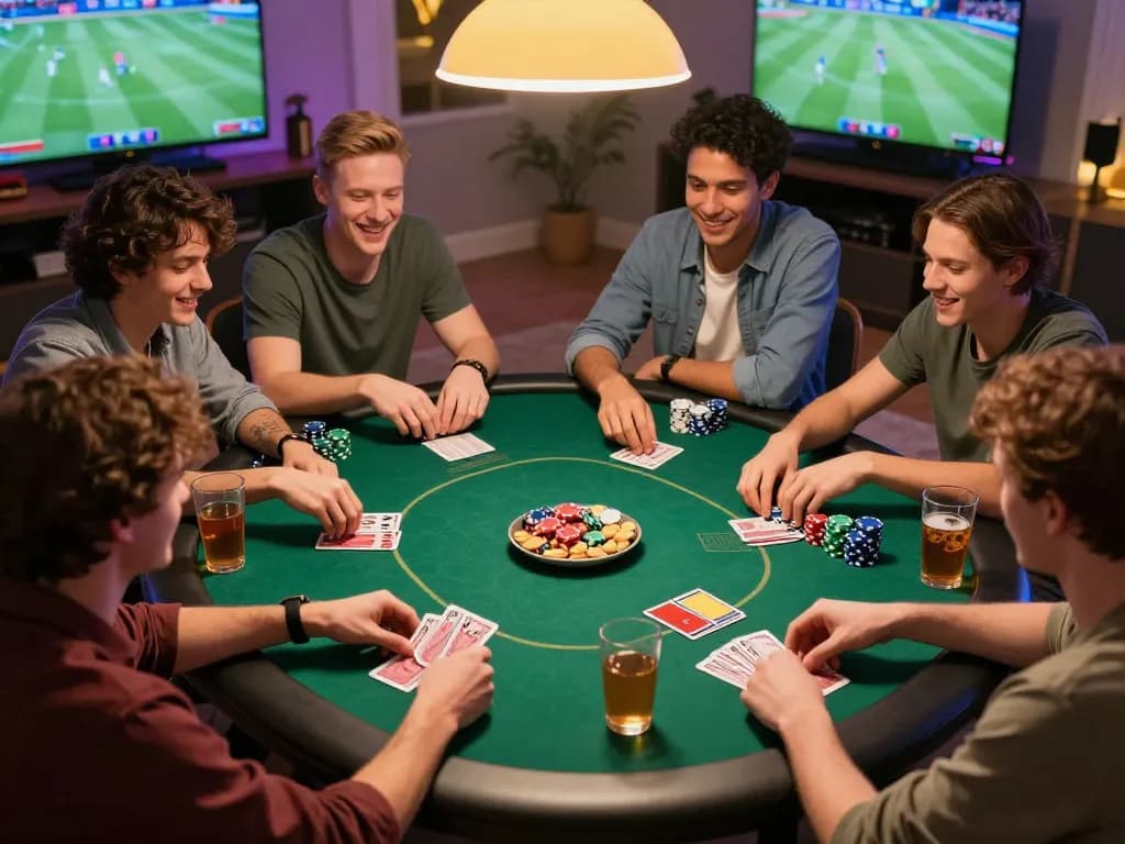 Main OKESlot Deposit Qris Tanpa Potongan celebrated during a lively poker session with friends enjoying chips and cards.