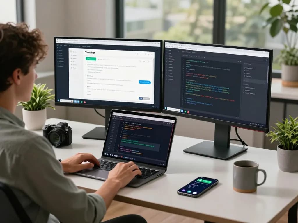 Engaging workspace featuring Clawd Bot AI assistant setup on dual monitors, with messaging apps and coding interface.