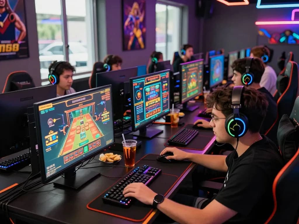 Group of friends enjoying a vibrant gaming session with MM88 in a cyber café.