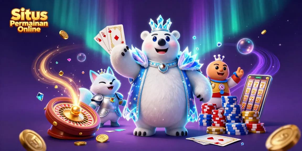 Situs Permainan Online features exciting gameplay with a 3D cartoon ice king and snow fox in a vibrant casino scene.