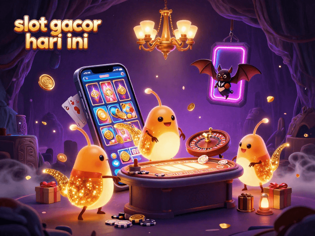 Menangkan slot gacor hari ini dengan ilustrasi tim glowworm menerangi kasino gua yang penuh warna dan permainan.