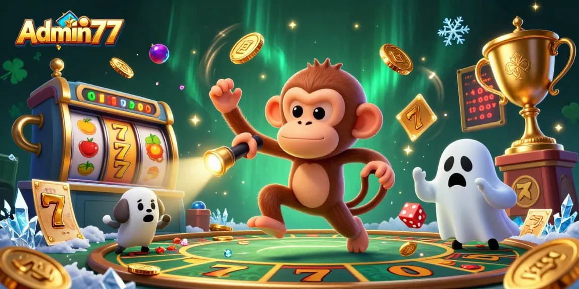 Experience the thrilling gameplay of Admin77 as golden coins and slots surround a playful monkey and a curious puppy.