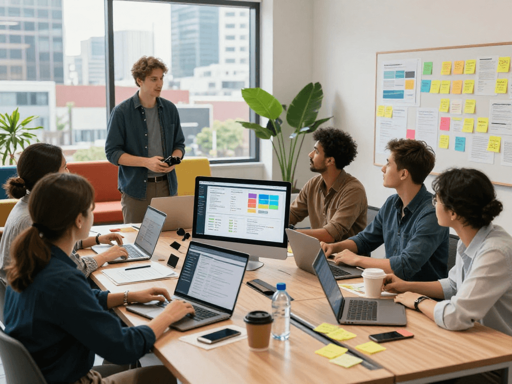 Tim pemasaran digital bekerja sama di ruang kantor modern, martil4d sebagai pusat kolaborasi yang efektif.