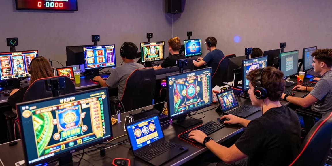 Exciting online gaming scene with players engaged in slot game action showcasing RTP data and vibrant graphics.