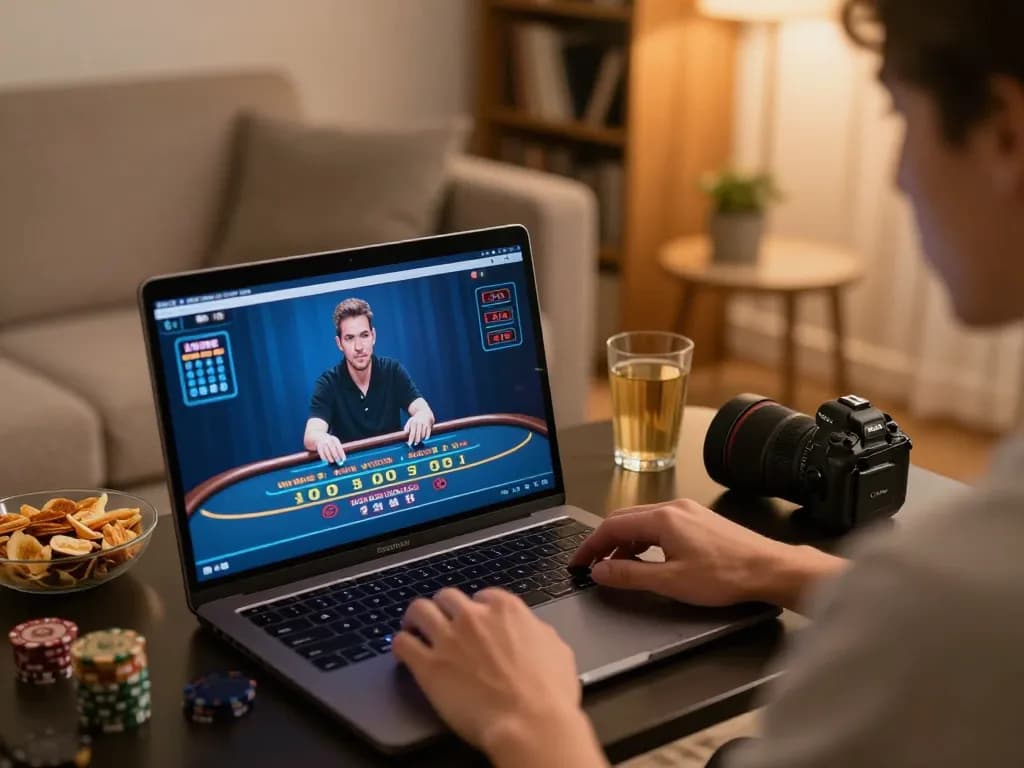 LGO99 Situs Game Online Terpercaya Di INDONESIA, orang bermain permainan kasino online di laptop di ruang tamu yang nyaman.