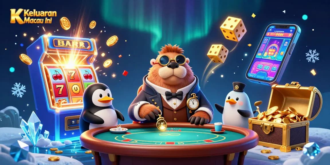 Keluaran Macau Hari Ini shows an underwater poker scene with a walrus, a penguin dealer, and a bluffing pufferfish.