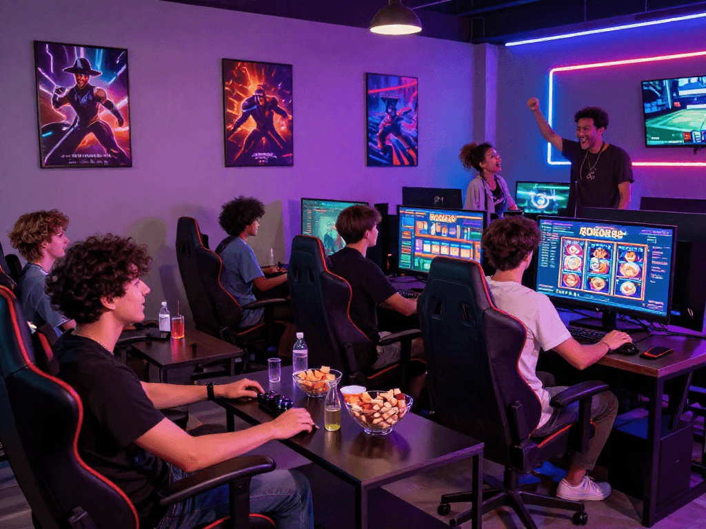 Engaged group playing rokok88 slot game in vibrant gaming lounge.