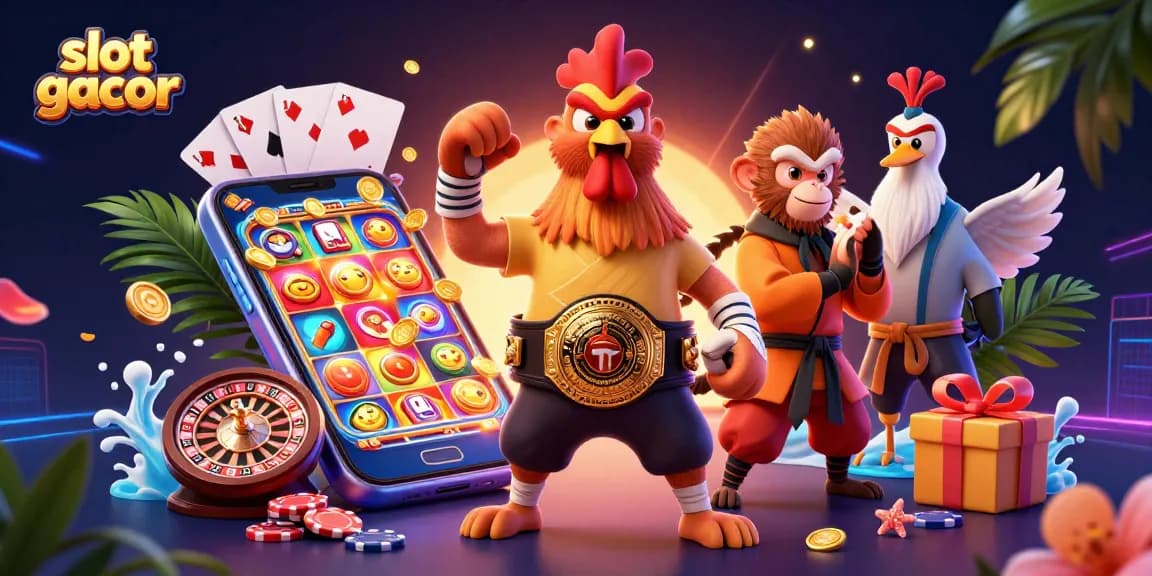 Slot gacor menunjukkan ayam jantan dan monyet bertarung di lingkungan kasino yang menyenangkan.