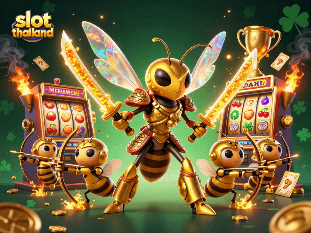 Experience the thrill of slot thailand with a vibrant 3D illustration featuring golden hornet samurai amidst dynamic slot reels.