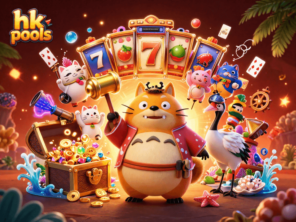 Gambarlah hk pools dengan karakter tanuki, crane, dan kucing keberuntungan.