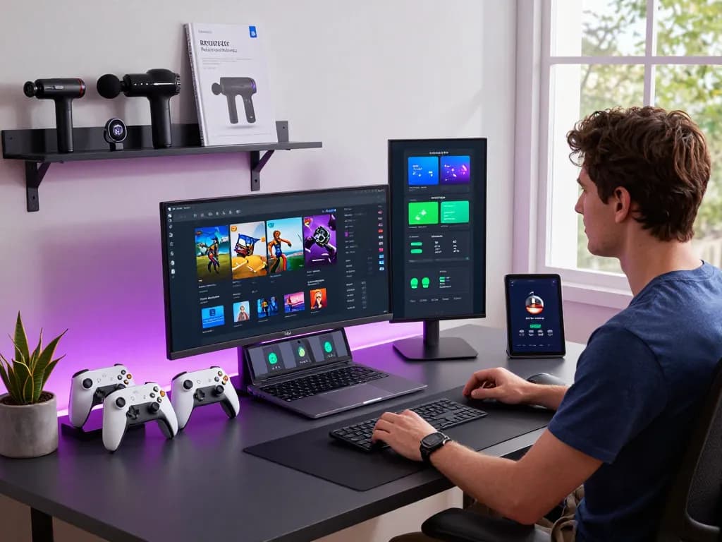 Discover top 10 tech gadgets 2062 in a modern workspace featuring Bluetooth devices, including controllers and smartwatches.
