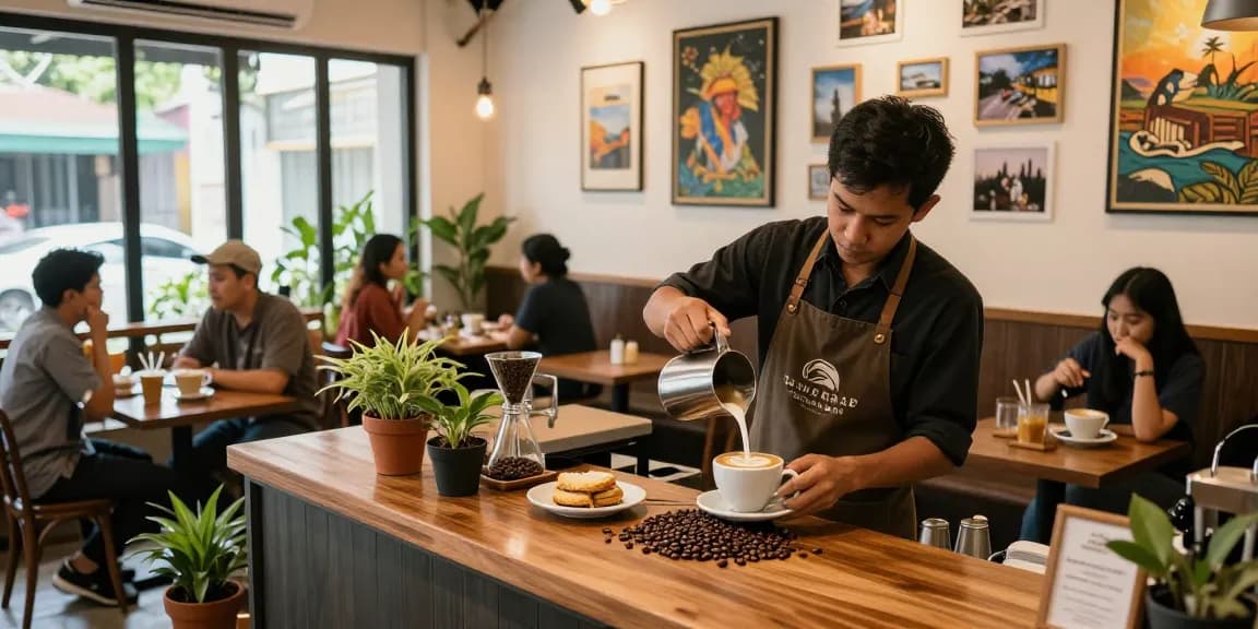 Barista di Leci123 menyajikan kopi latte dengan seni latte yang indah di kafe lokal.