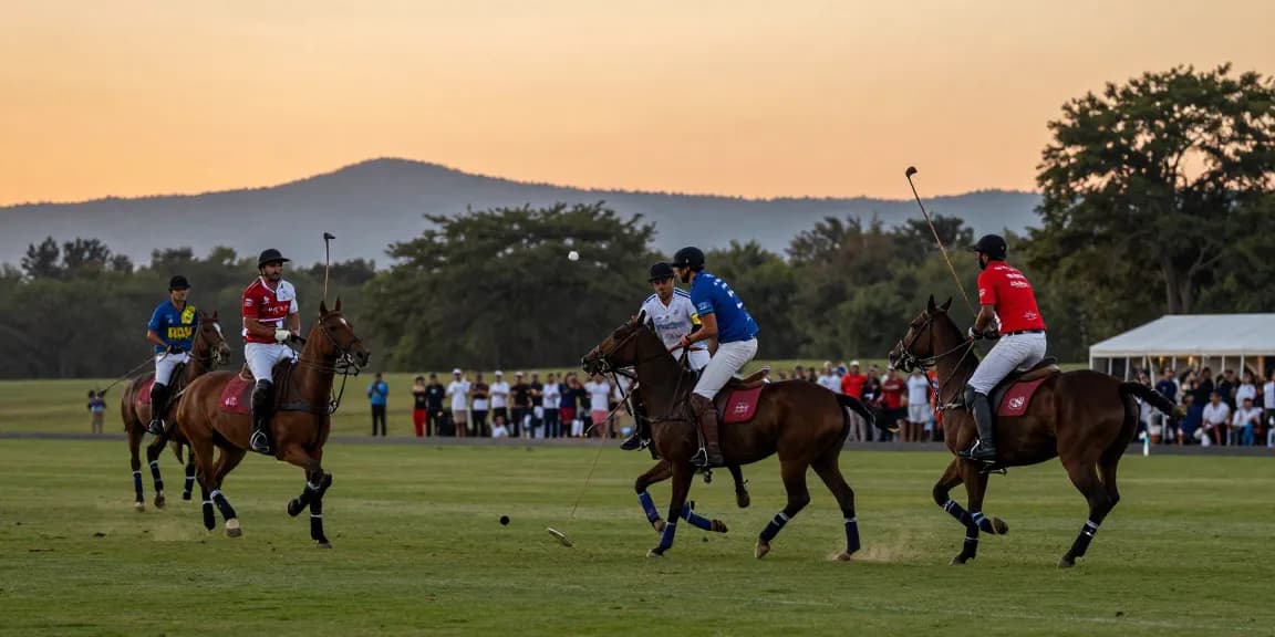 Permainan polo yang intens dengan pemain yang memukul bola, menunjukkan aktivitas Polo4d di lapangan hijau.