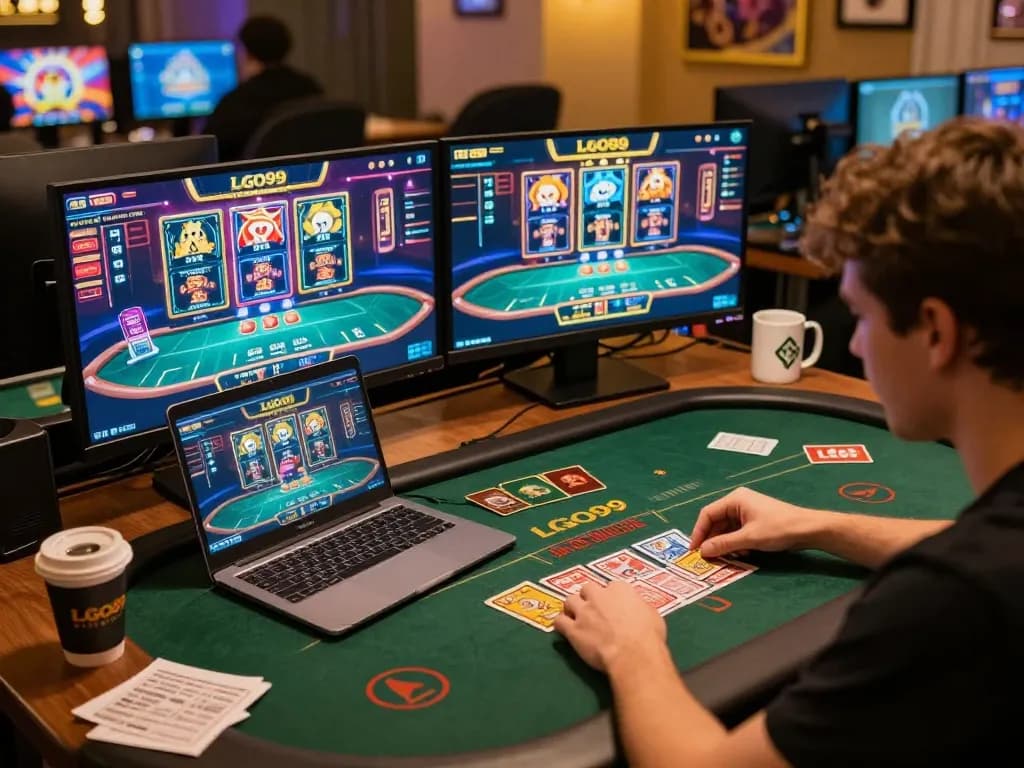 LGO99 Situs Game Online Terpercaya Di INDONESIA showcases a player enjoying online gaming at home with strategic setup.