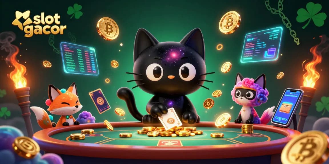 Slot gacor menampilkan kucing lubang hitam 3D di kasino yang mengumpulkan chip emas dan kartu.