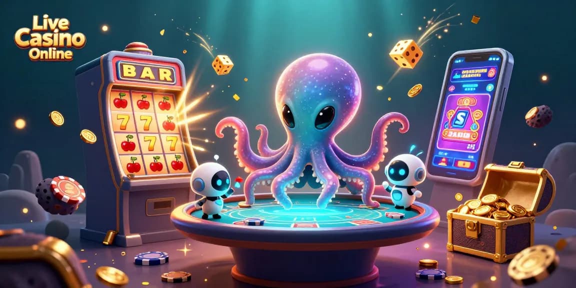 Experience thrilling action at Live Casino Online with a vibrant alien octopus playing poker, surrounded by dynamic casino elements.