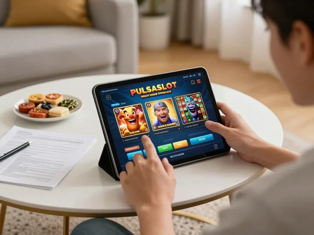 PULSASLOT SLOT ONLINE TERPERCAYA player enjoying online slots at home with tablet in hand