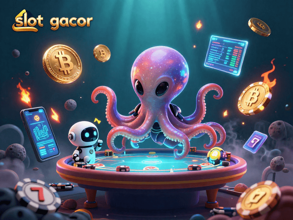 Slot gacor: alien dan robot bermain di meja poker holografis yang dikelilingi koin crypto.