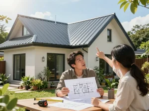 Couple evaluating their house plans with a หลังคาเมทัลชีท, showcasing a modern and durable roofing solution.