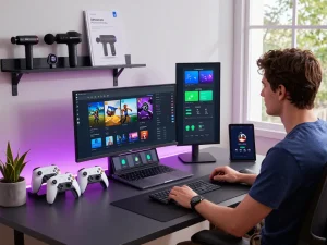 Discover top 10 tech gadgets 2062 in a modern workspace featuring Bluetooth devices, including controllers and smartwatches.