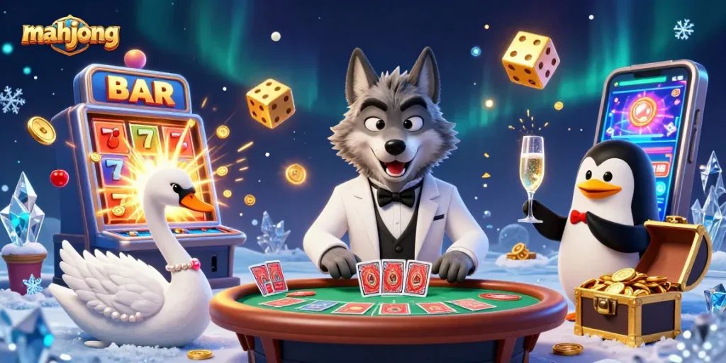 Experience mahjong excitement with vibrant characters and jackpot symbols in a casino-themed 3D illustration.