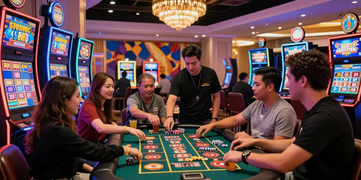 Thrilling gambling experience at rajaberas88 with friends enjoying a lively casino atmosphere.