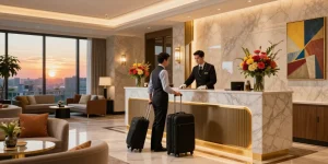 rokok88 login at luxury hotel lobby, with concierge assisting guest in elegant surroundings.