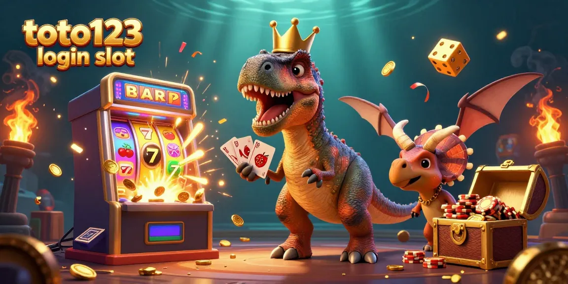 Toto123 login slot features a vibrant scene with a T-Rex shuffling cards and friendly characters amidst a casino atmosphere.