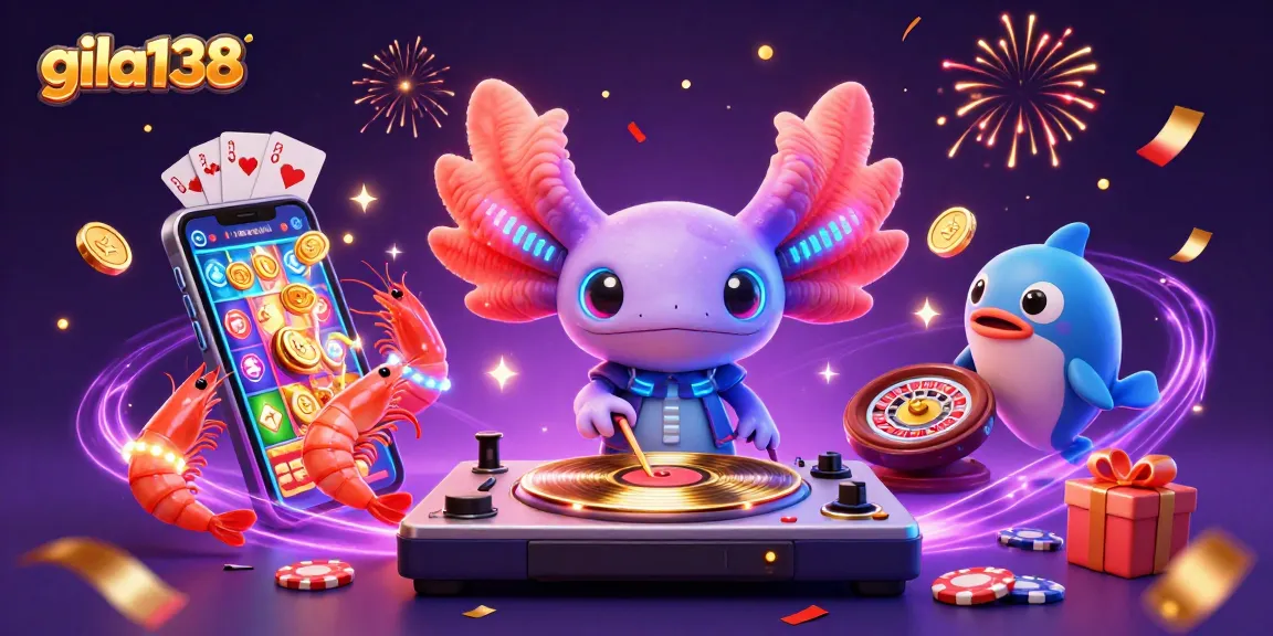 Gila138 slot menyenangkan dengan DJ axolotl neon dan karakter laut merayakan permainan.