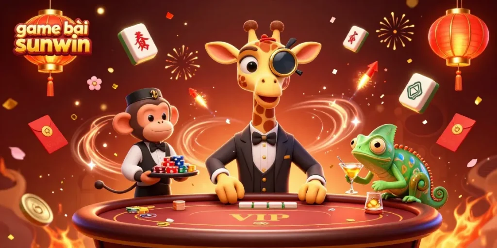 Experience thrilling game bài sunwin with a 3D high-roller giraffe and friends in a vibrant casino scene.