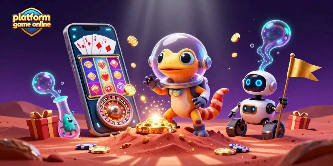 Engage with the platform game online, showcasing a Martian gecko amidst vibrant casino elements and alien excitement.