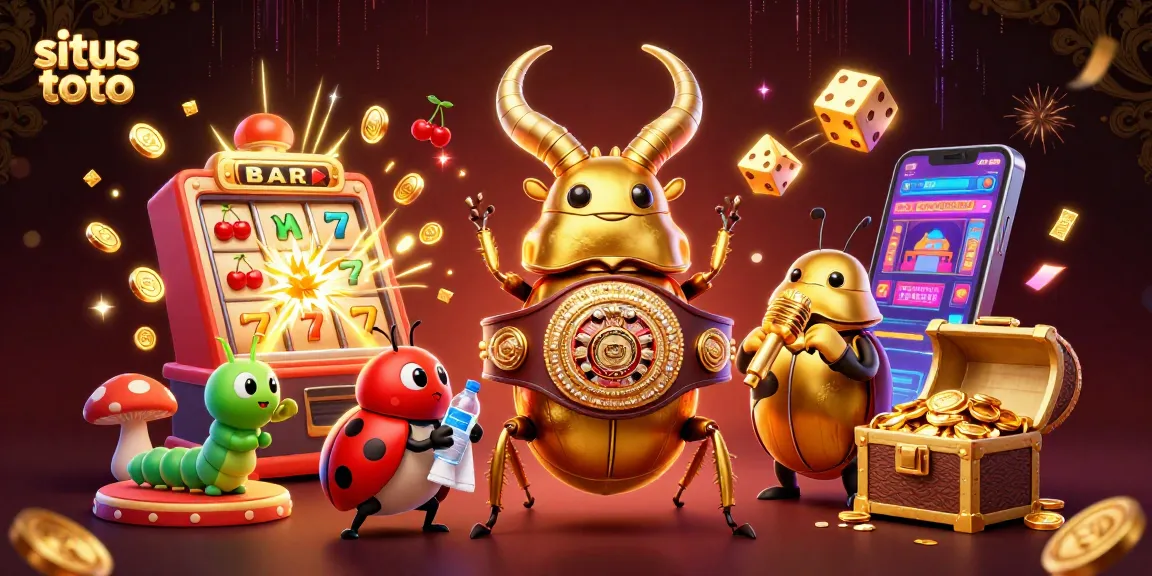 Situs toto menampilkan serangga besar dalam pertandingan tinju dengan elemen kasino penuh warna dan efek jackpot yang menggelegar.