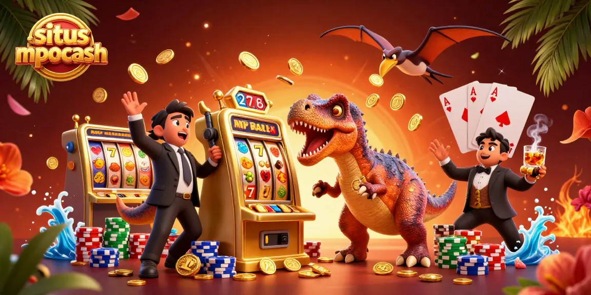 Experience exciting jackpots at situs mpocash with vibrant coins flying around a thrilling casino scene.