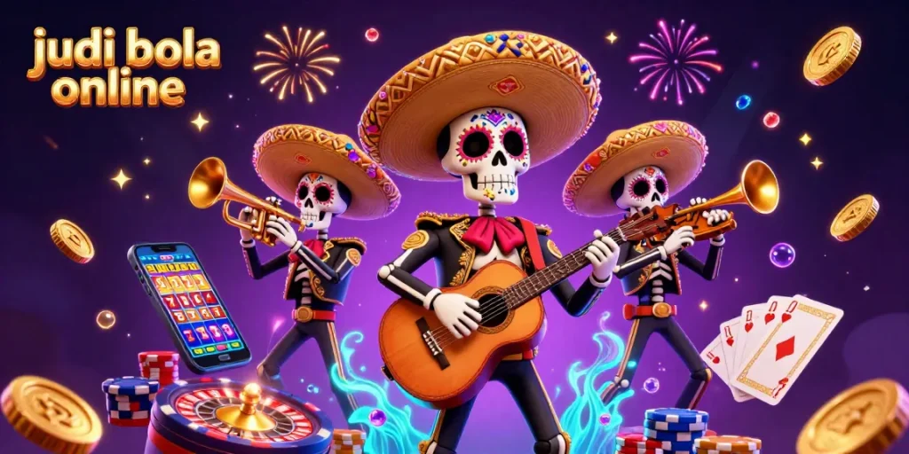 Experience the thrill of judi bola online with vibrant skeleton mariachi band amidst dynamic casino elements in 3D illustration.