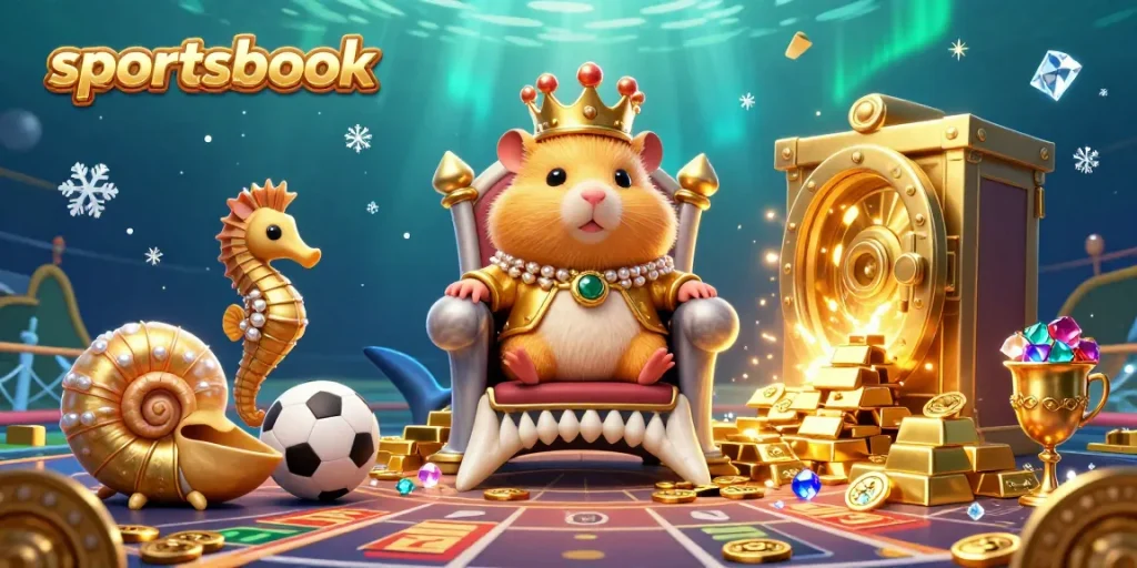 Engaging sportsbook illustration featuring a golden hamster king with royal seahorse guards in a treasure-filled scene.