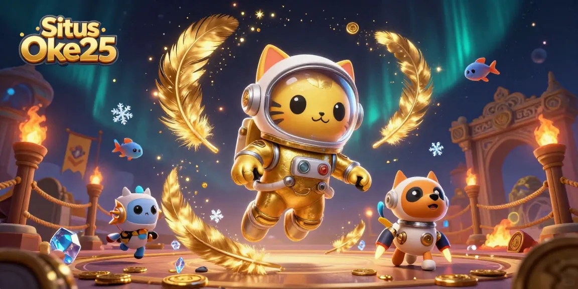 Situs Oke25 menghadirkan ilustrasi kasino yang memukau dengan karakter astronot kucing dan anjing robot.