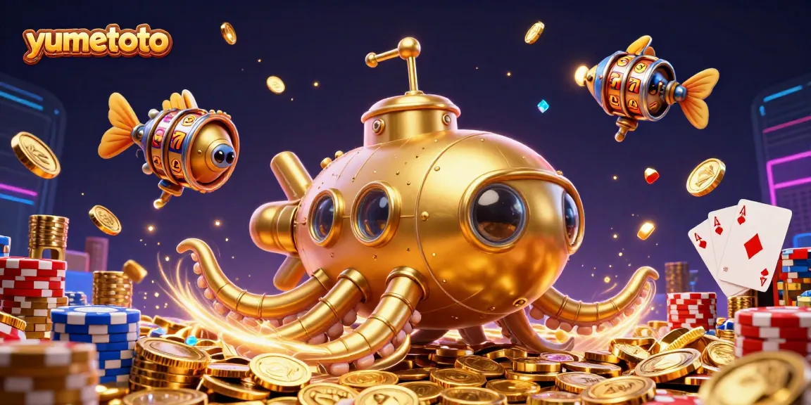 Experience thrilling wins with yumetoto's dynamic 3D illustration of slot machines and gold coins.