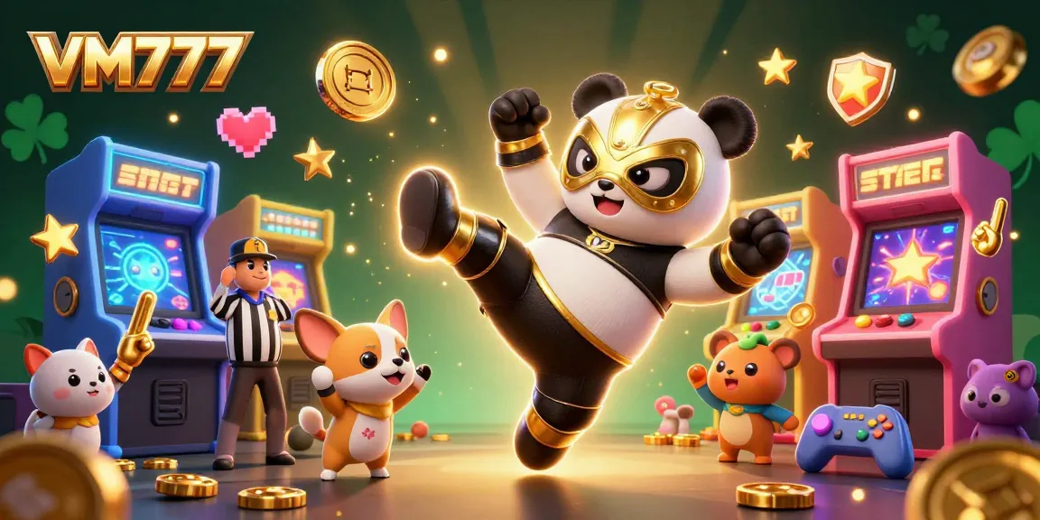 Experience the excitement of VM777 with a vibrant gaming scene featuring animated characters and casino elements.