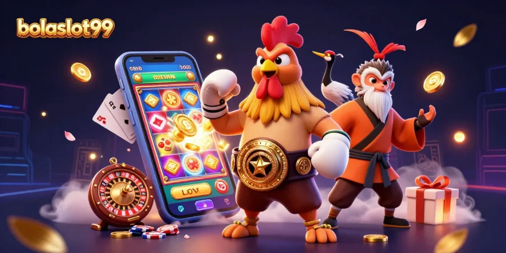 Bolislot99 reveals dynamic 3D illustration of animated casino characters embracing the thrill of slot gaming.