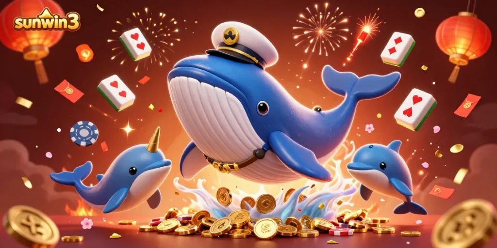 Experience the thrill of sunwin3 with a cartoon whale and friends celebrating amidst casino elements.
