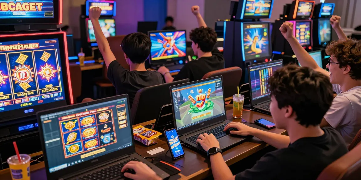Pengalaman gaming online dengan IMBASLOT, pemain bersemangat dan mesin slot berwarna-warni.