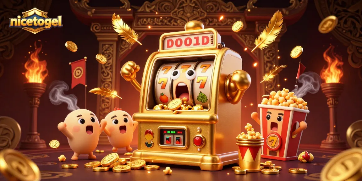 Experience big wins at nicetogel with a lively 3D scene featuring joyful slot machines winning jackpots.