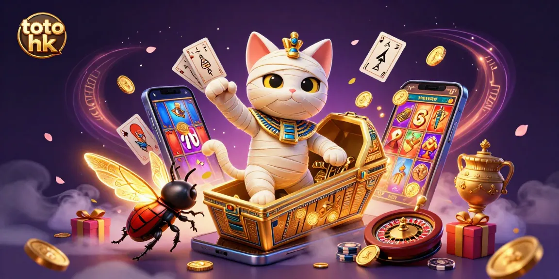 Bermain slot gacor dan memenangkan toto hk dalam ilustrasi kasino yang penuh warna dengan kucing mummy dan skarab.
