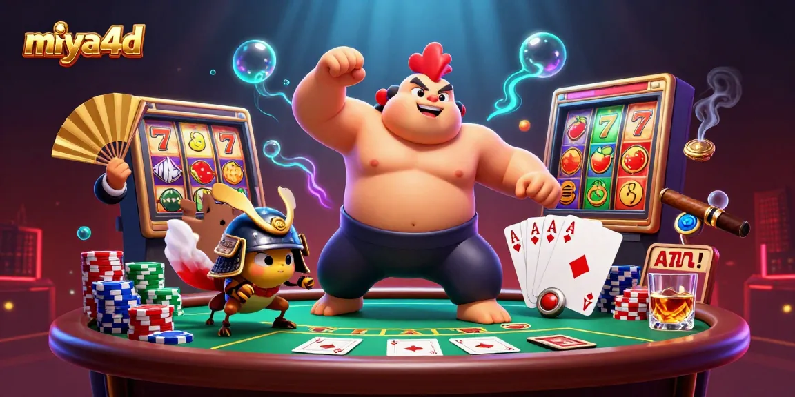 Miya4d's vibrant casino scene with sumo rooster and samurai cricket, featuring exciting slot and poker elements.