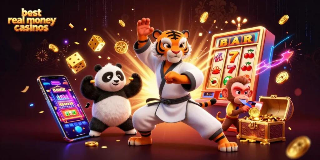 Experience the thrill of the best real money casinos with vibrant casino symbols, playful characters, and dynamic actions.