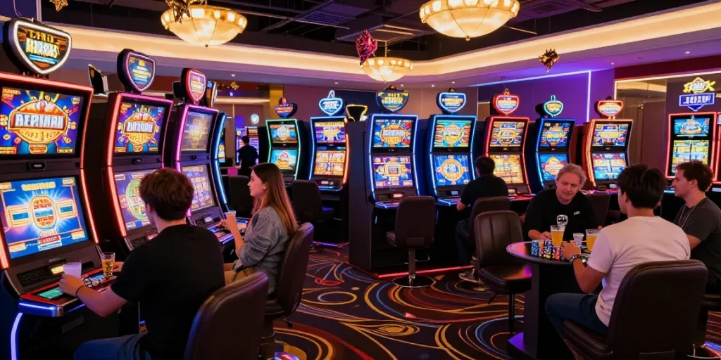 Exciting slot online gaming scene with friends celebrating at modern casino.