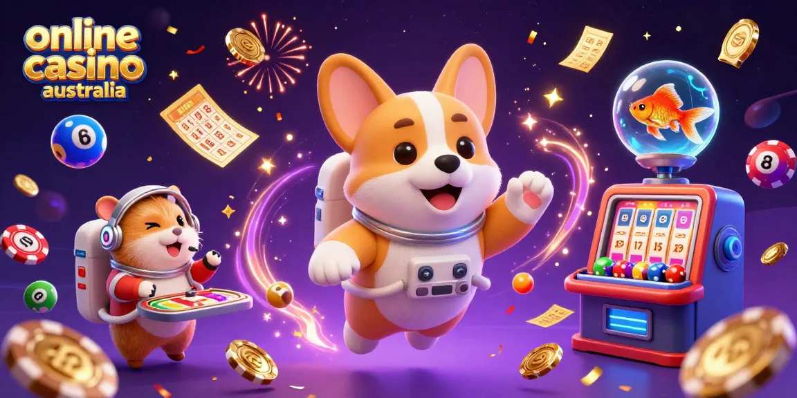 Experience the excitement of online casino australia with a vibrant 3D scene featuring a corgi, gambling elements, and dynamic energy.