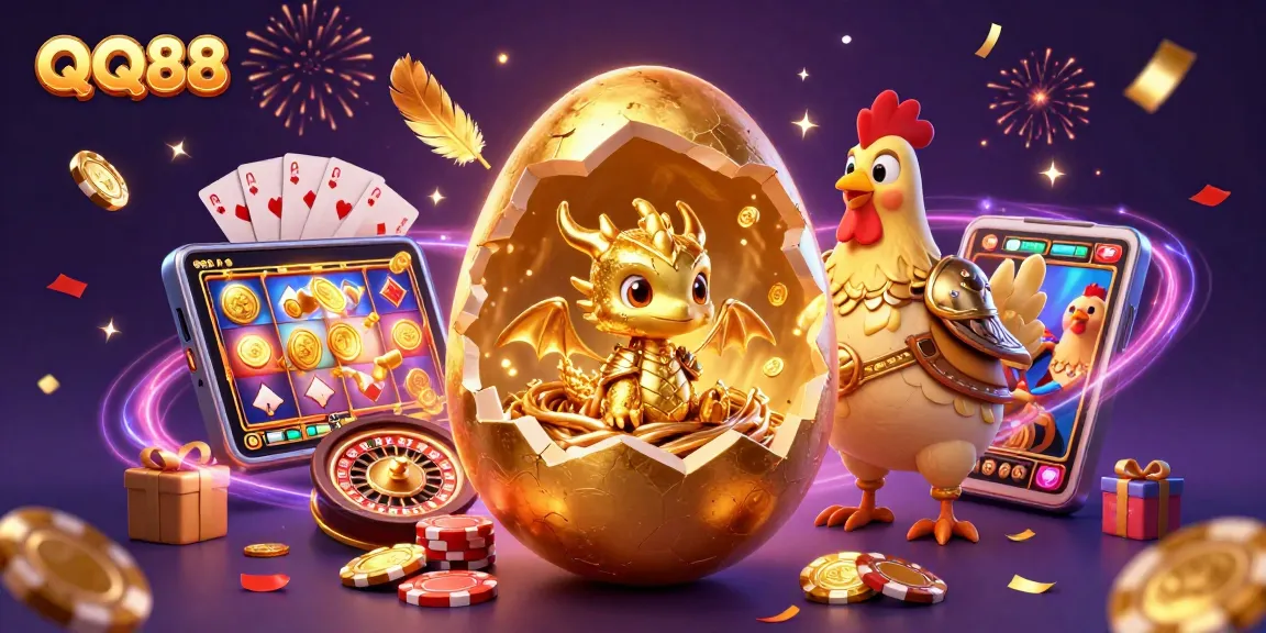 Engage with QQ88's thrilling slot games featuring golden treasures, poker chips, and dazzling visuals.