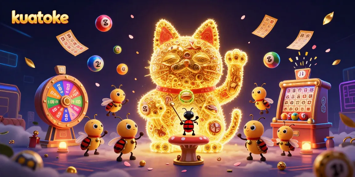 Kuatoke captivates players with vibrant casino symbols and dynamic lottery elements in this lively 3D scene.
