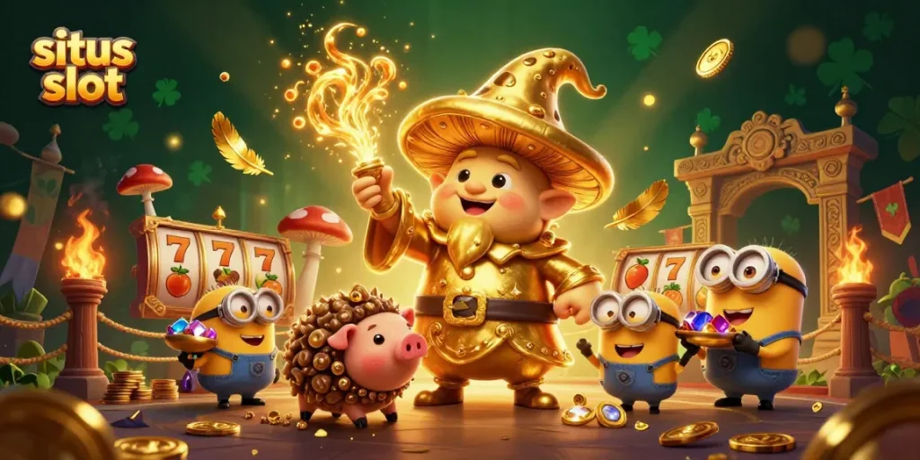Engage with the situs slot experience as a golden wizard casts spells in a colorful casino scene